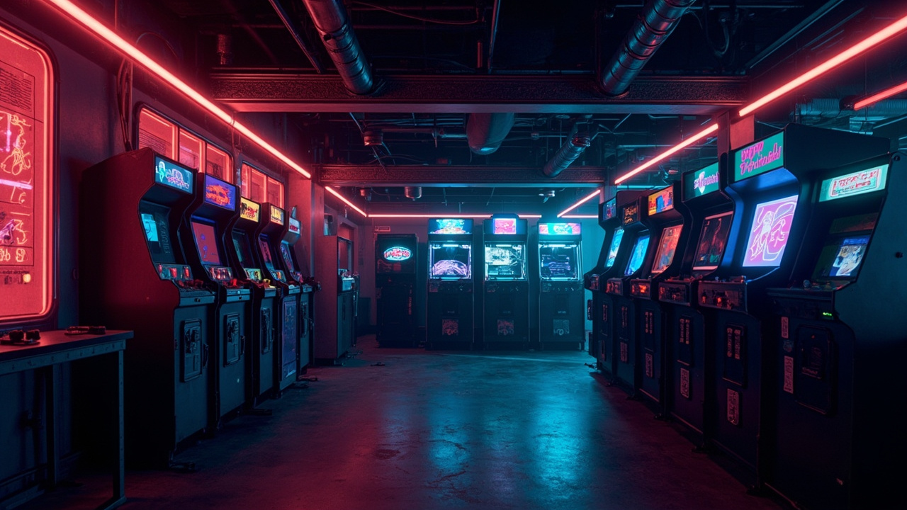 Illustration of a neon-lit retro arcade interior