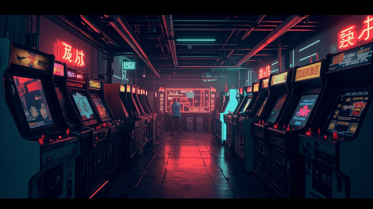 Illustration of a neon-lit retro arcade interior