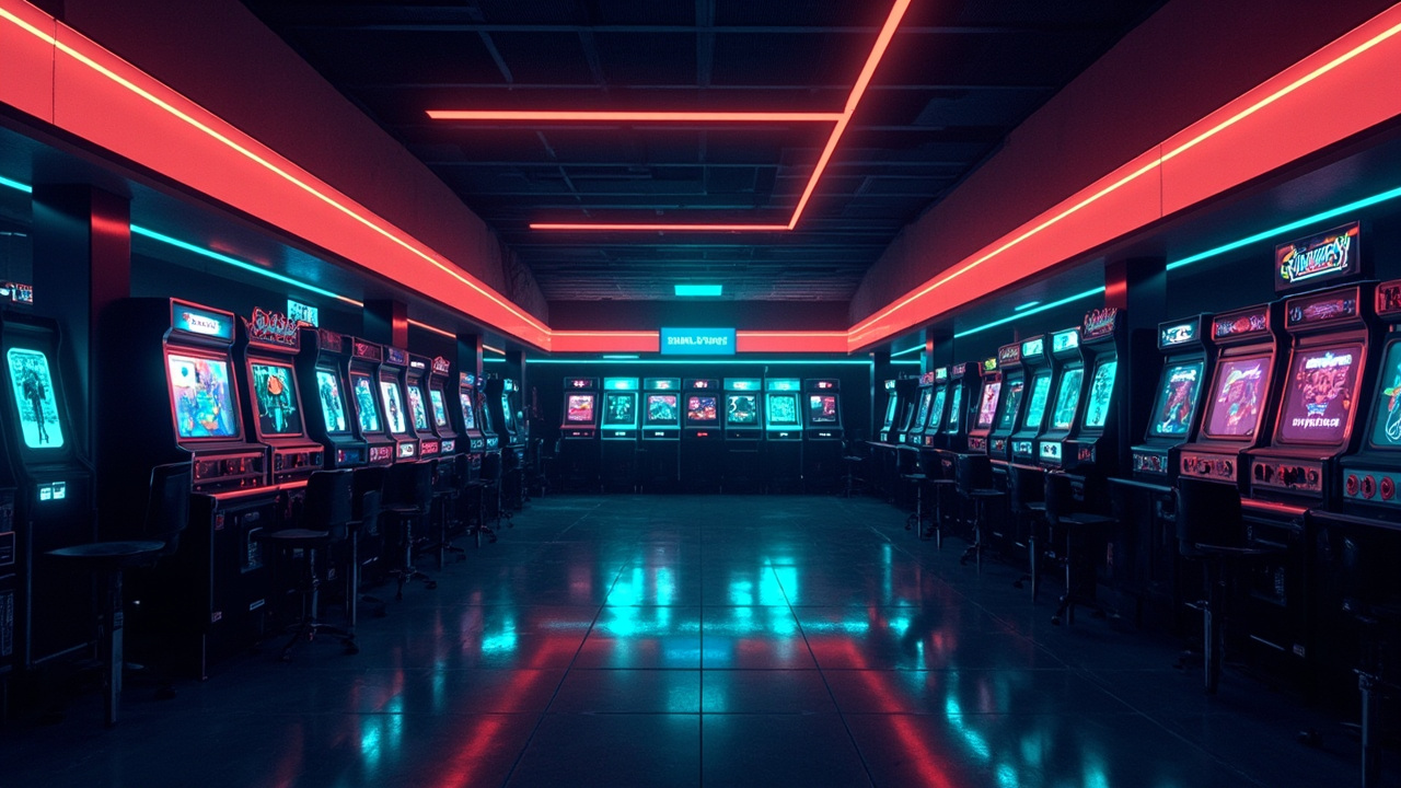Illustration of a neon-lit retro arcade interior