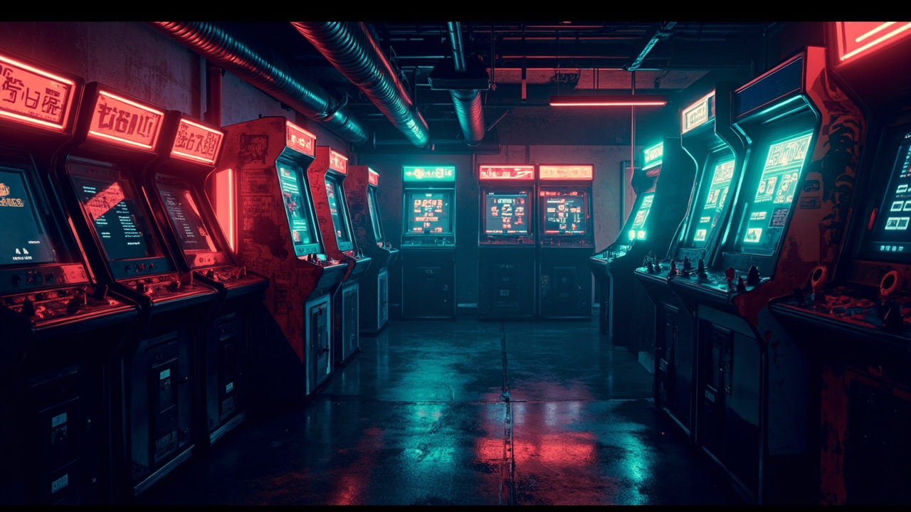 Illustration of a neon-lit retro arcade interior