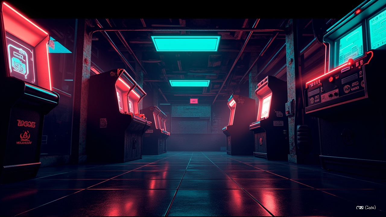 Illustration of a neon-lit retro arcade interior