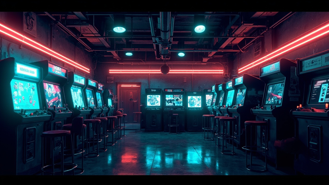 Illustration of a neon-lit retro arcade interior