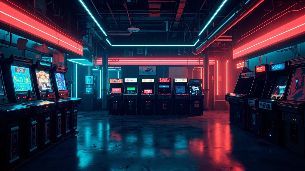 Illustration of a neon-lit retro arcade interior