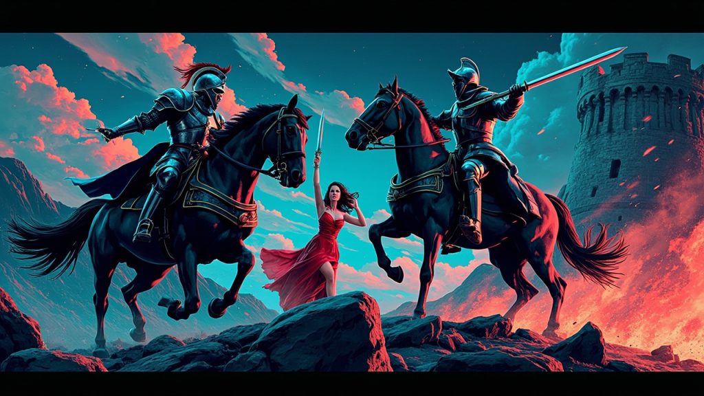 Illustration: Two armored knights on horseback clash with raised weapons beside a woman in a red dress, set against a backdrop of a stone castle tower under a partly cloudy sky.