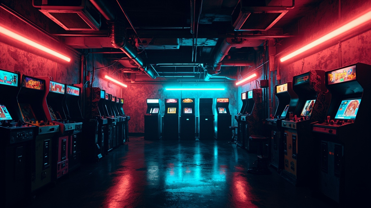 Illustration of a neon-lit retro arcade interior