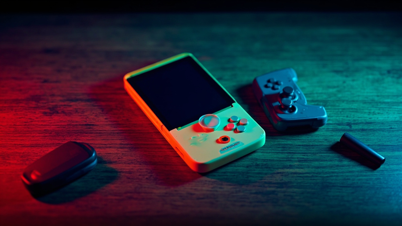 Illustration: A smartphone encased in a yellow and white retro-style handheld gaming console skin with tactile button replicas sits on a wooden surface next to a small black wireless gamepad accessory.