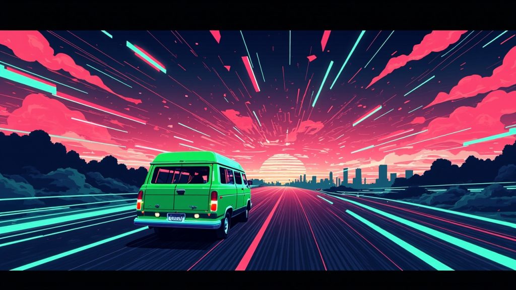 Illustration: An animated, glitch-style digital landscape featuring a green van driving toward a distant cityscape beneath a vibrant, streaked sky.