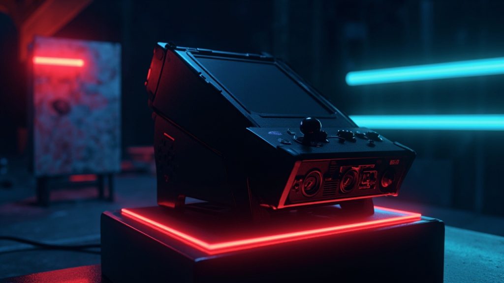 Illustration of retro gaming hardware in synthwave style