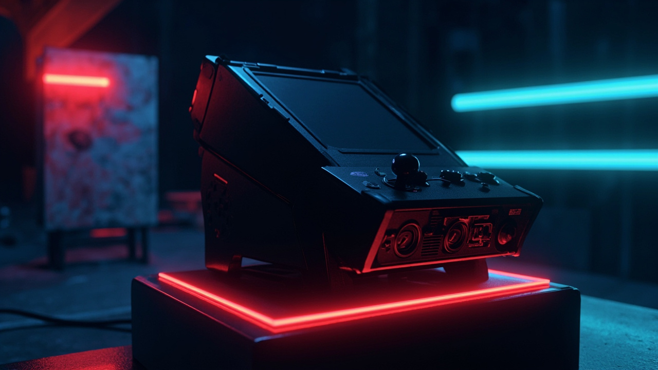 Illustration of retro gaming hardware in synthwave style