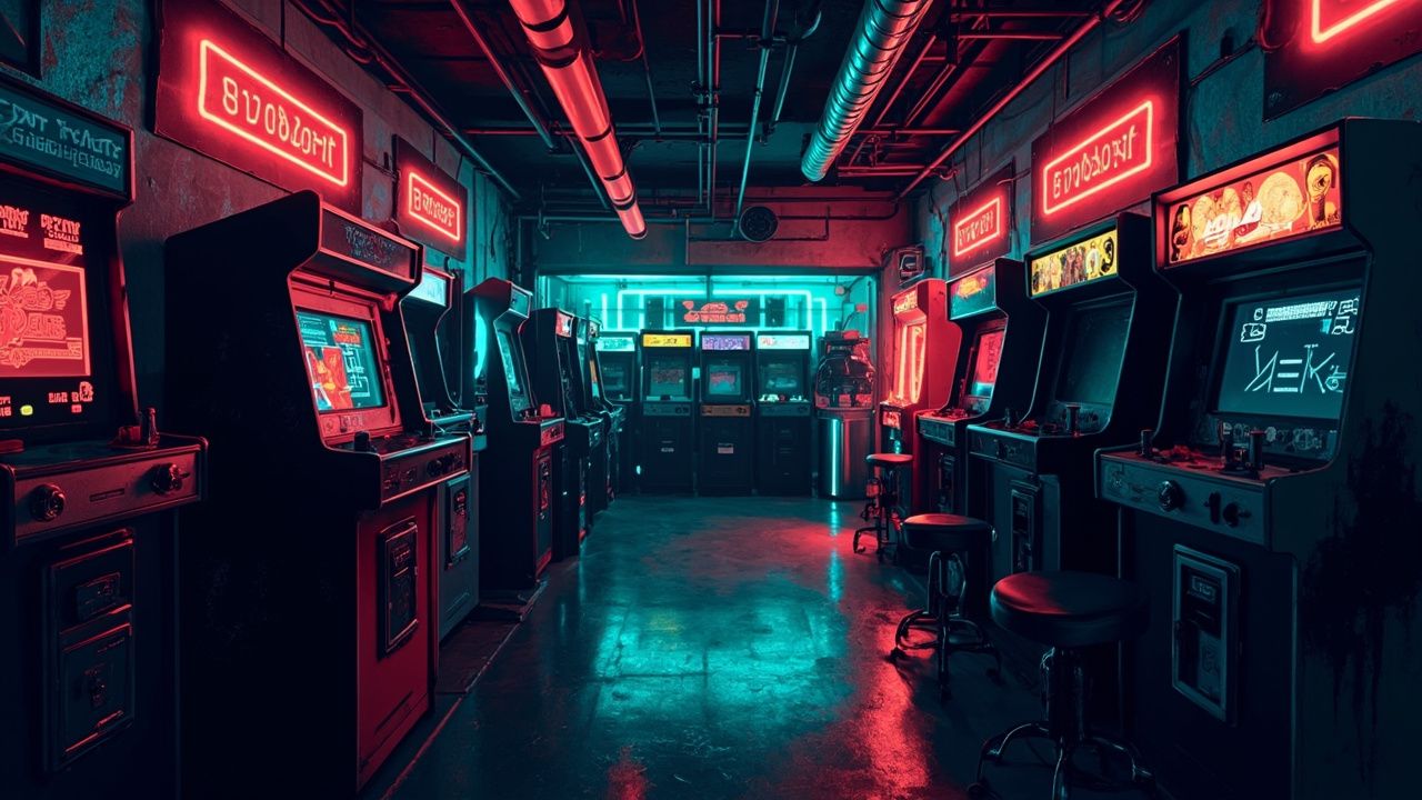 Illustration of a neon-lit retro arcade interior