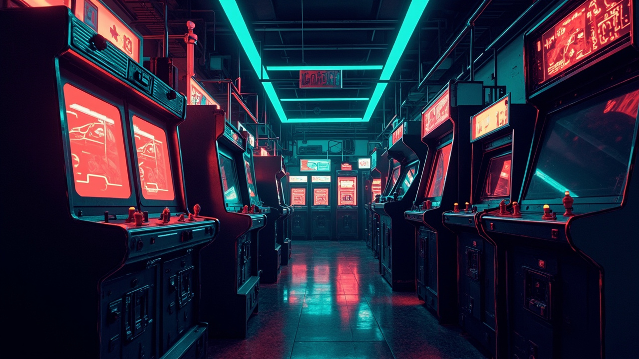 Illustration of a neon-lit retro arcade interior
