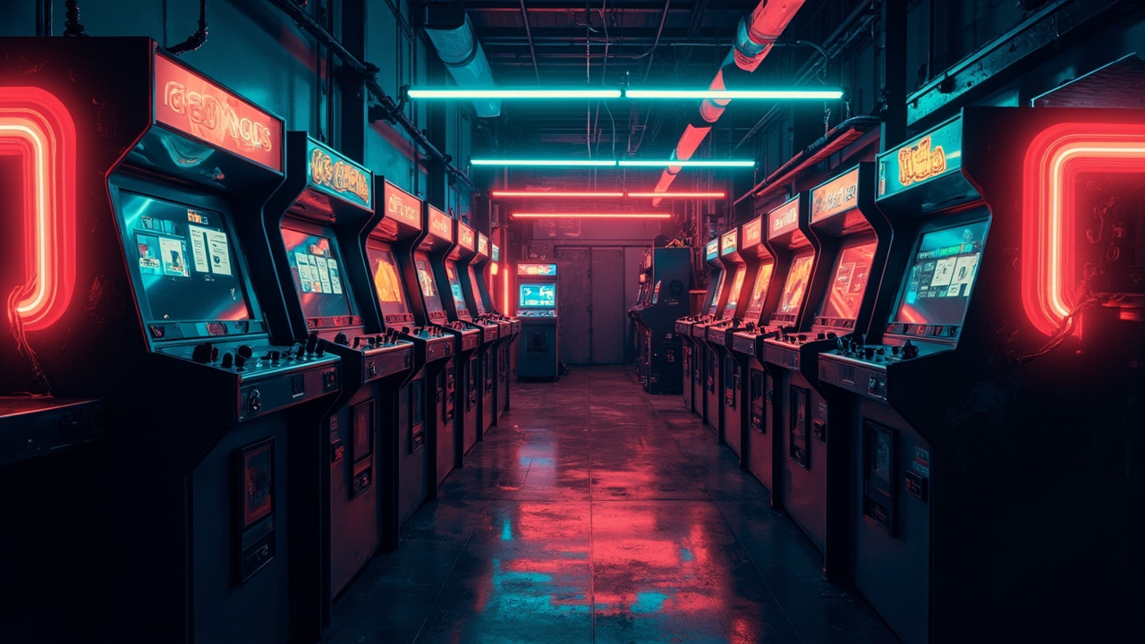Illustration of a neon-lit retro arcade interior