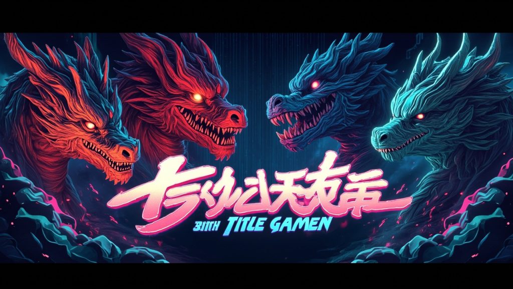 Illustration: A promotional graphic featuring four stylized, colorful dragon-like creature faces arranged behind a large, dynamic title banner in a video game context.