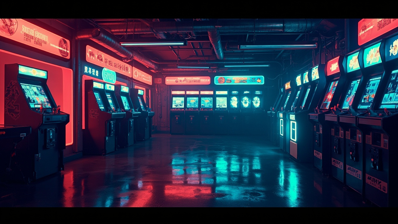 Illustration of a neon-lit retro arcade interior