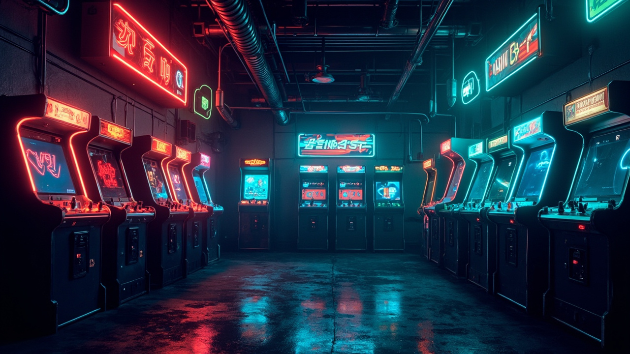 Illustration of a neon-lit retro arcade interior