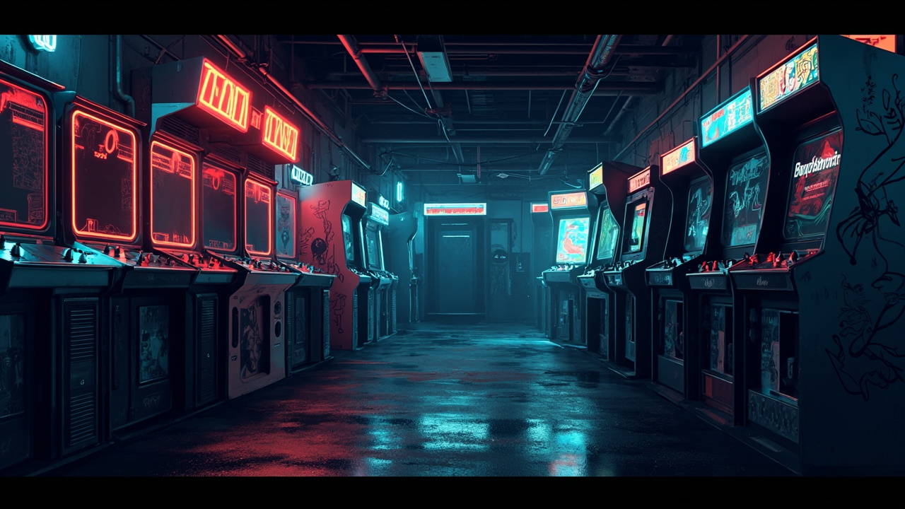 Illustration of a neon-lit retro arcade interior