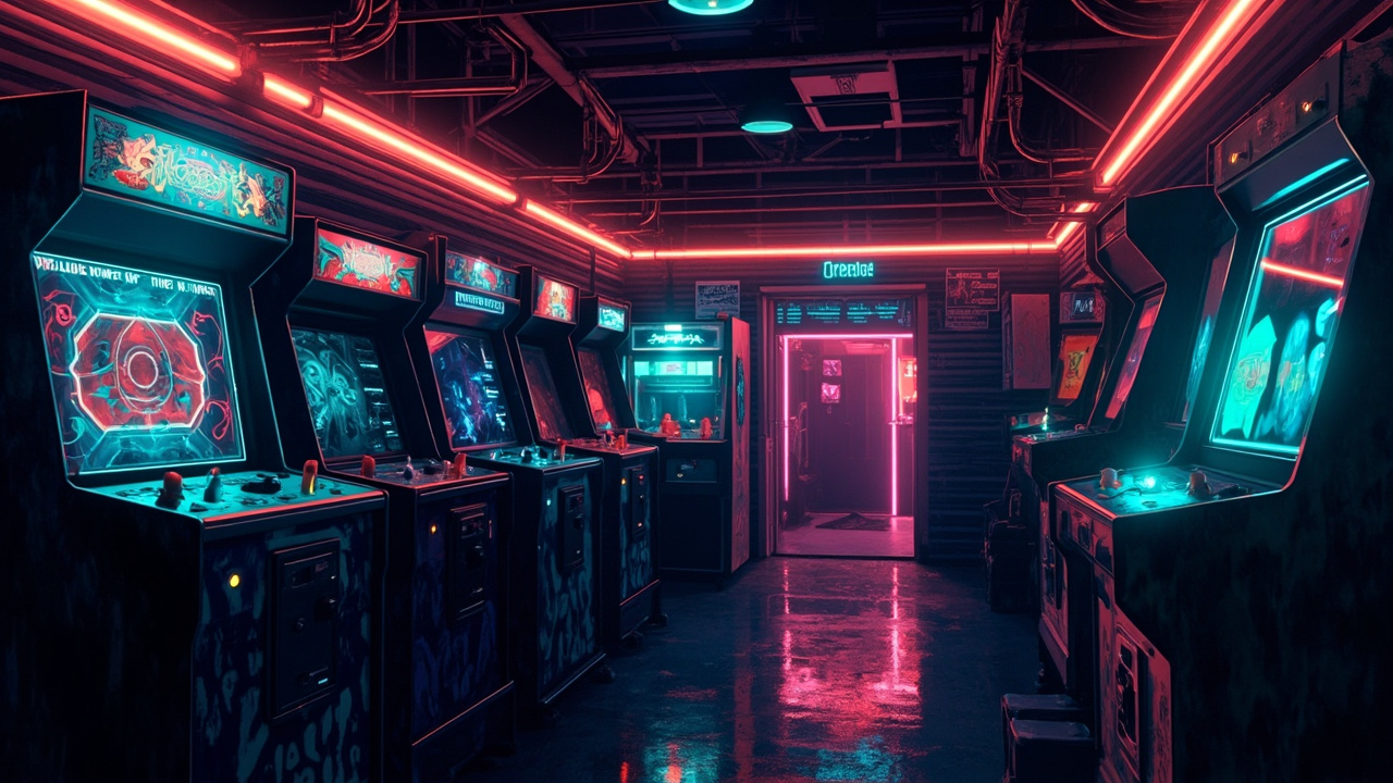 Illustration of a neon-lit retro arcade interior