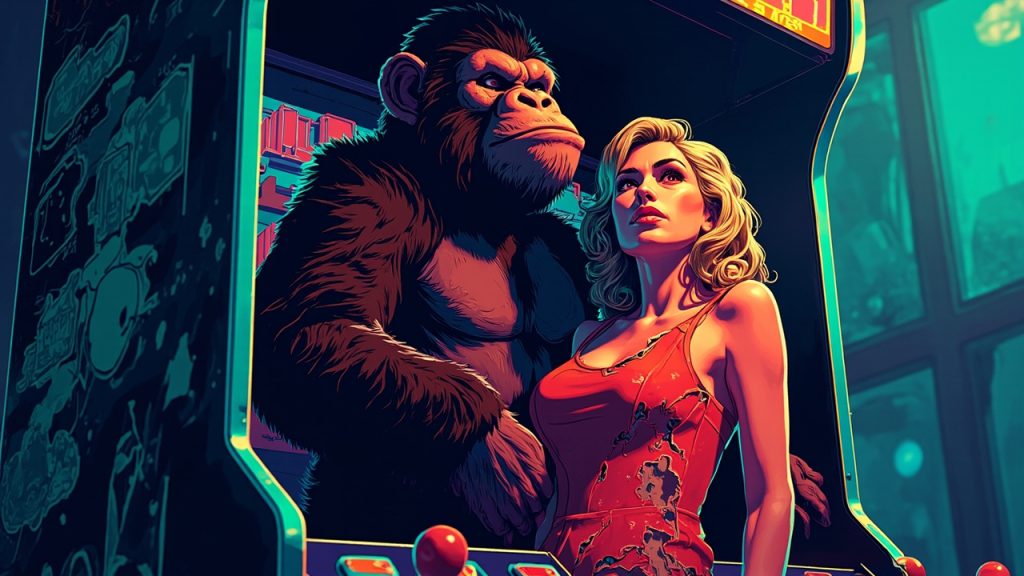 Illustration: A colorful cartoon illustration printed on the vertical surface of an arcade-style cabinet, depicting a large furry ape figure standing beside a blonde woman in a torn red dress, with a metal-edged structure visible at the bottom.