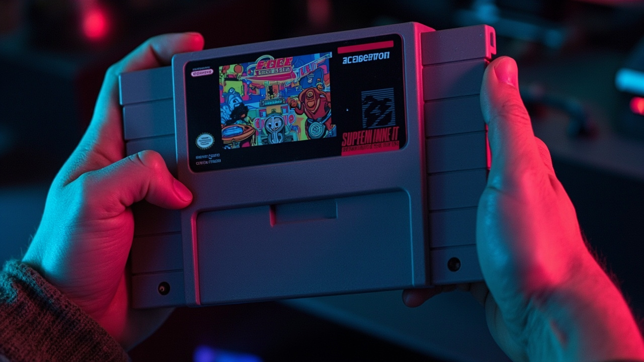 Illustration: A gray, rectangular video game cartridge featuring a colorful illustrated label is being held in a person's hands, showcasing its distinctive ridged plastic design and front label artwork.