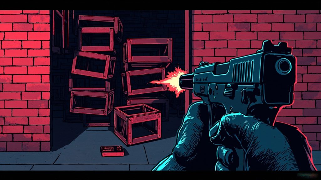 Illustration: A first-person view of a pixelated hand holding a pistol aimed at wooden crates stacked against a red brick wall, with an ammunition box on the ground.