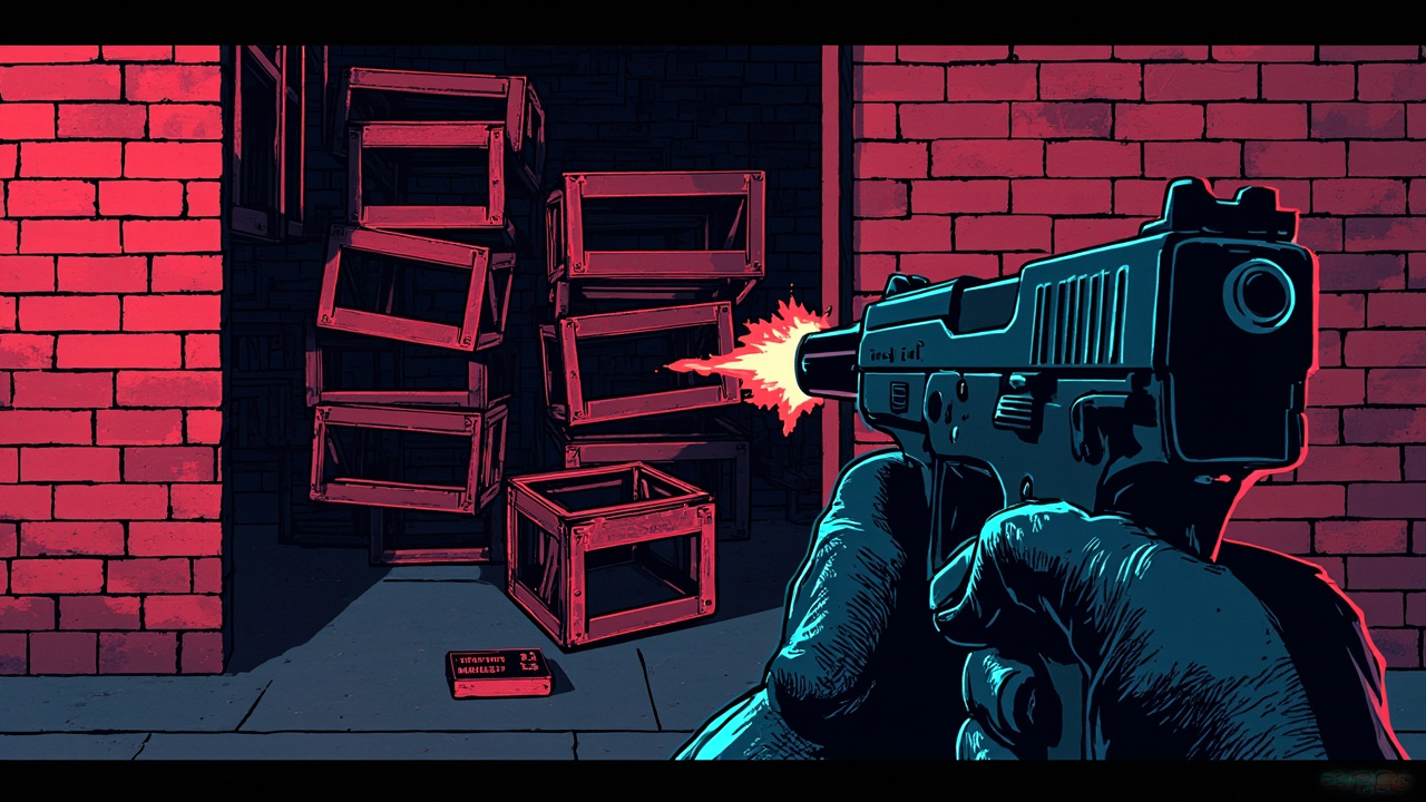 Illustration: A first-person view of a pixelated hand holding a pistol aimed at wooden crates stacked against a red brick wall, with an ammunition box on the ground.