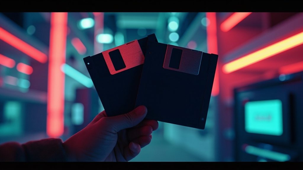 Illustration: Two 3.5-inch floppy disks are held up together against a blurred background of colorful lights and shelving.