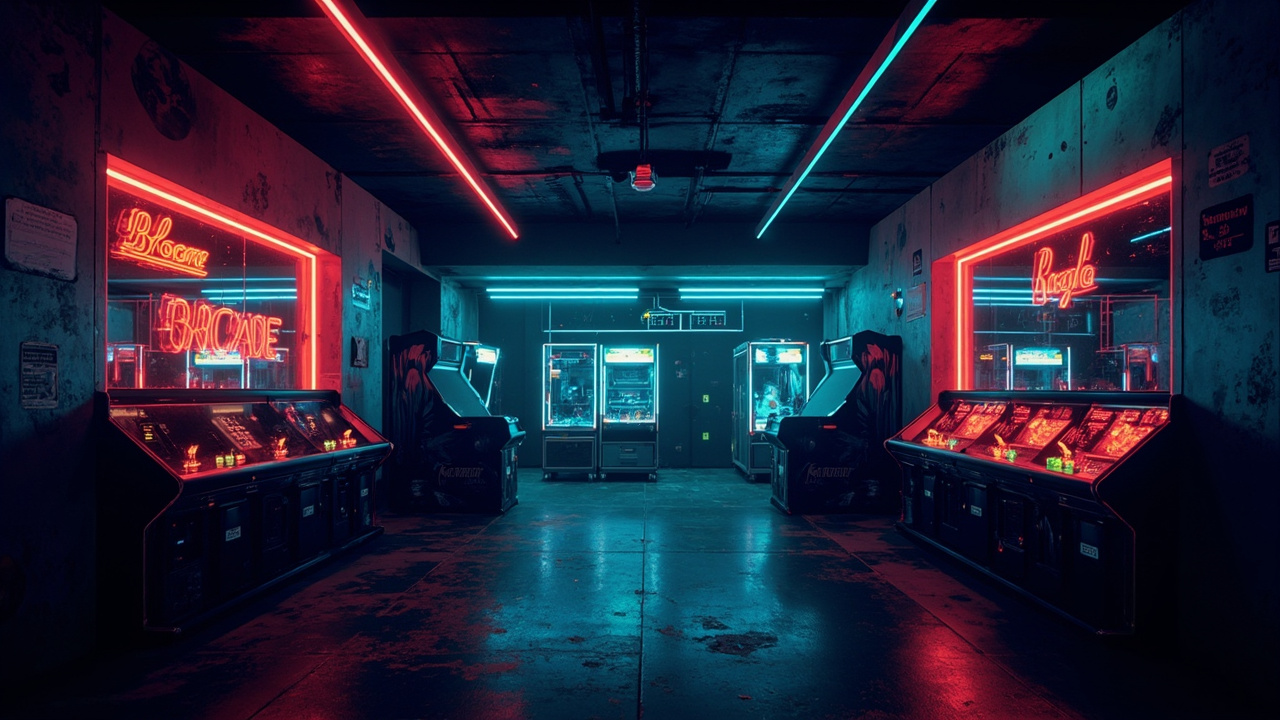 Illustration of a neon-lit retro arcade interior