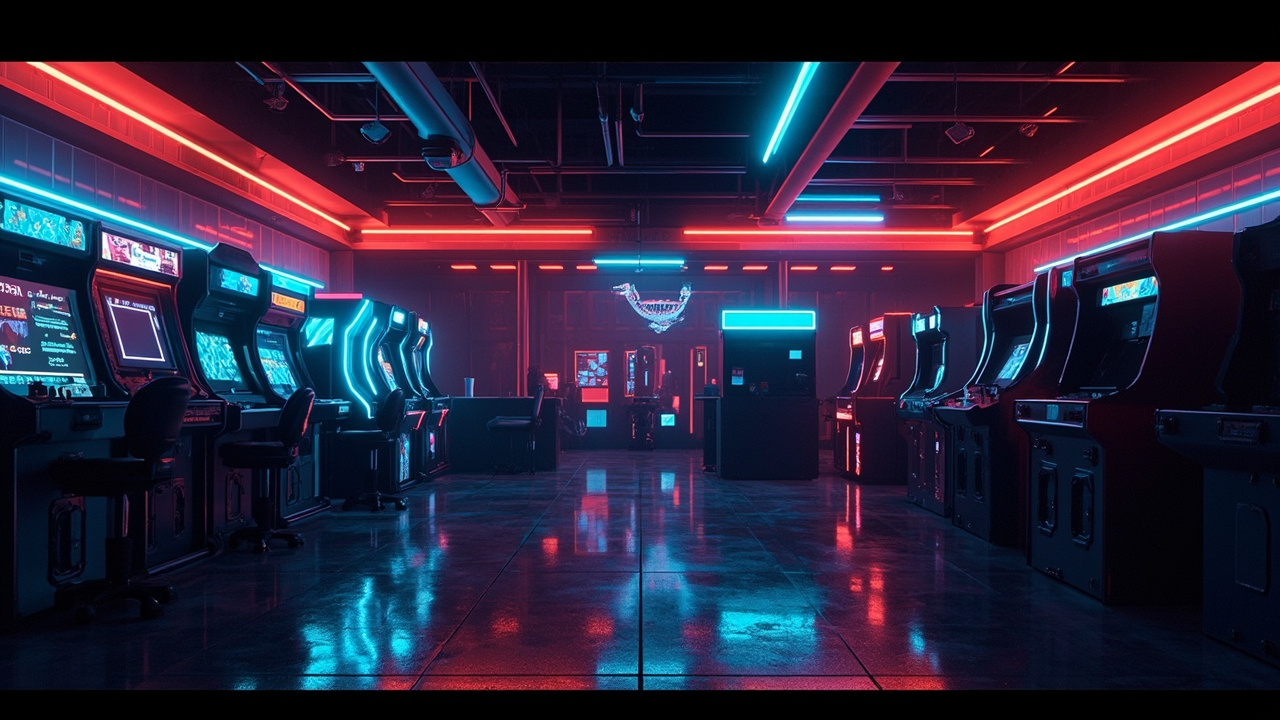 Illustration of a neon-lit retro arcade interior