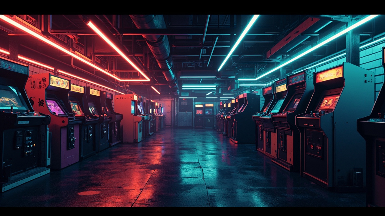 Illustration of a neon-lit retro arcade interior
