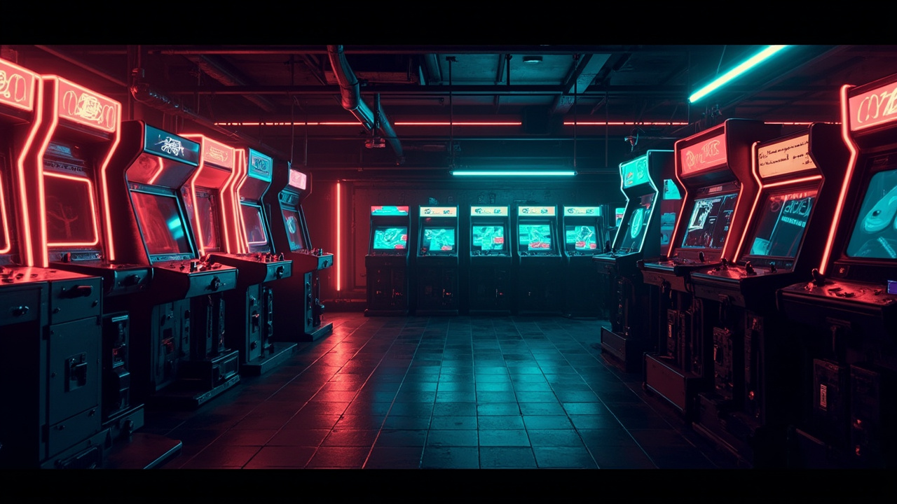 Illustration of a neon-lit retro arcade interior