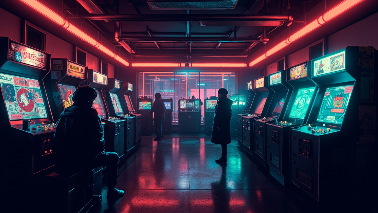 Illustration of a neon-lit retro arcade interior