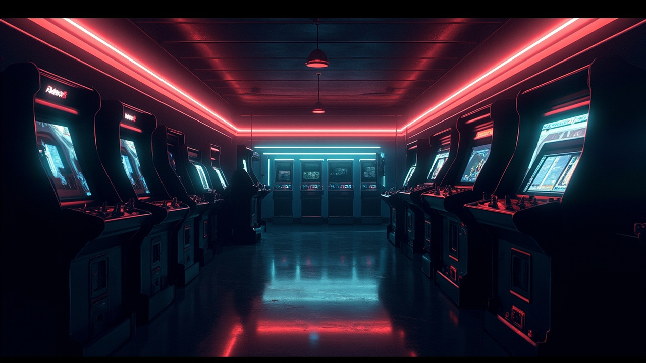 Illustration of a neon-lit retro arcade interior