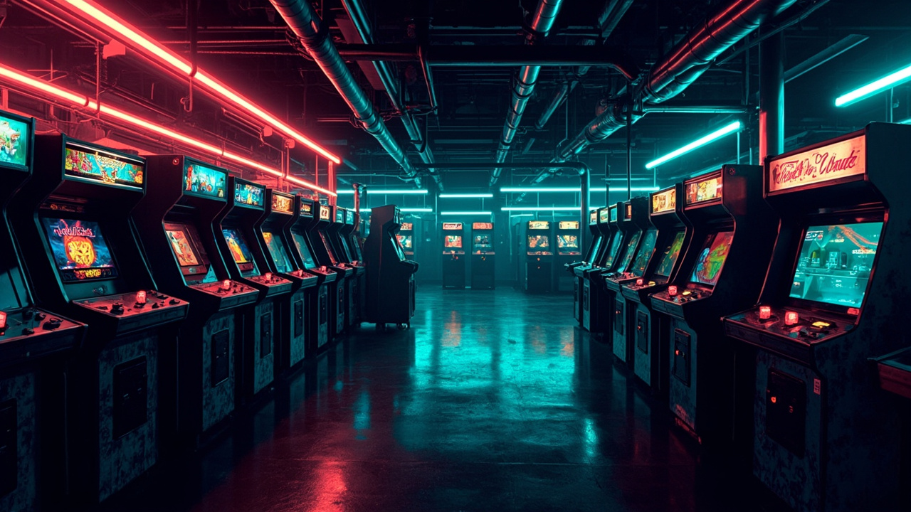 Illustration of a neon-lit retro arcade interior