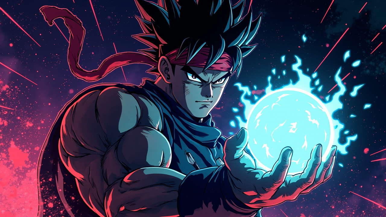 Illustration: A muscular anime-style figure with spiky black hair and a red headband charges a glowing blue energy sphere in his outstretched hand against a cosmic purple and black background.