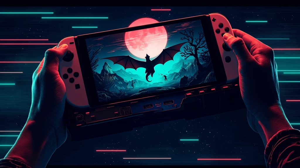 Illustration: A black handheld gaming console with detachable controllers displays a fantasy scene featuring a winged dragon silhouetted against a glowing moon on its central screen.