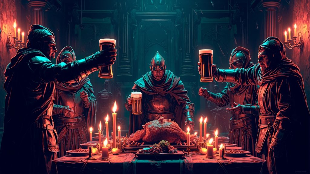Illustration: A festive gathering in a candlelit hall features armored and robed figures raising tankards around a wooden banquet table adorned with lit candles and a large roasted joint of meat.