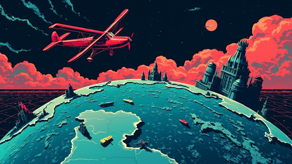 Illustration: A stylized illustrated scene featuring a red biplane flying above a globe-shaped world map dotted with various landmarks.