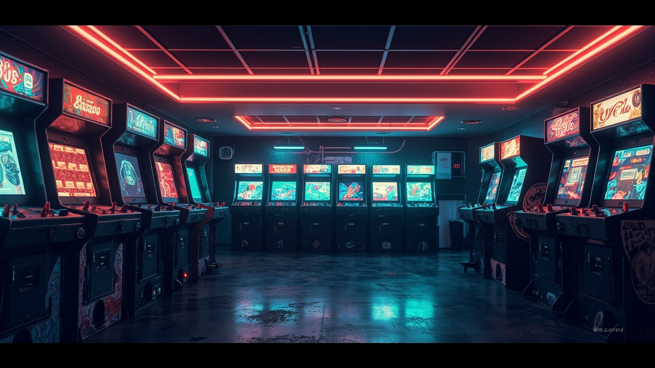 Illustration of a neon-lit retro arcade interior