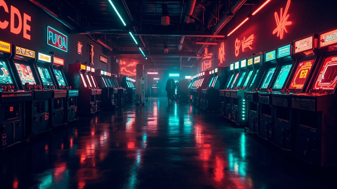 Illustration of a neon-lit retro arcade interior