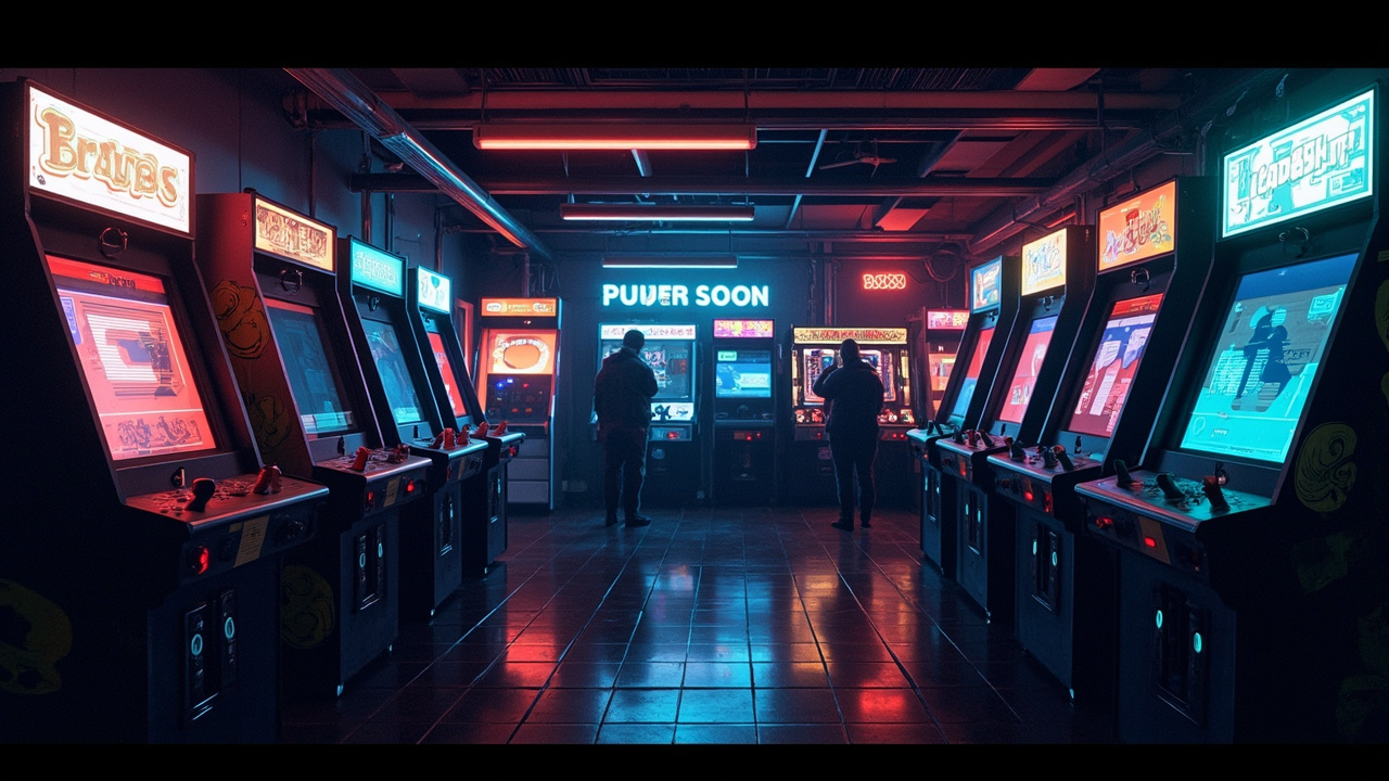 Illustration of a neon-lit retro arcade interior