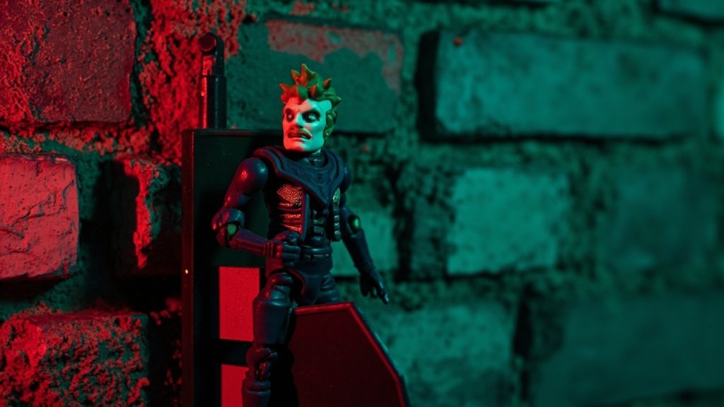 Illustration: A painted figurine of a spiky-haired character holding a shield stands against a weathered brick wall illuminated by green light.