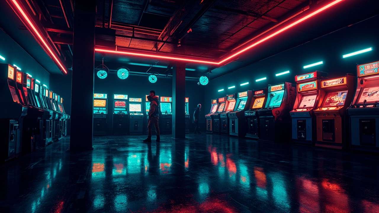 Illustration of a neon-lit retro arcade interior