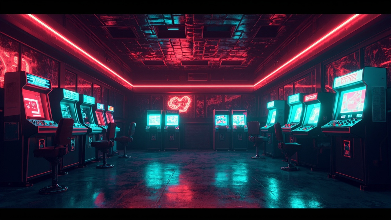 Illustration of a neon-lit retro arcade interior