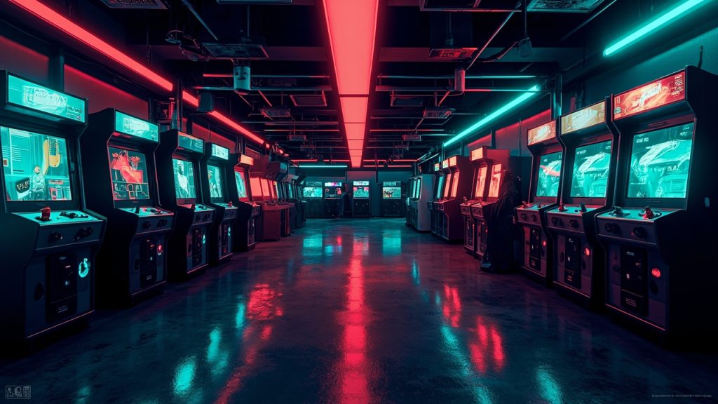 Illustration of a neon-lit retro arcade interior