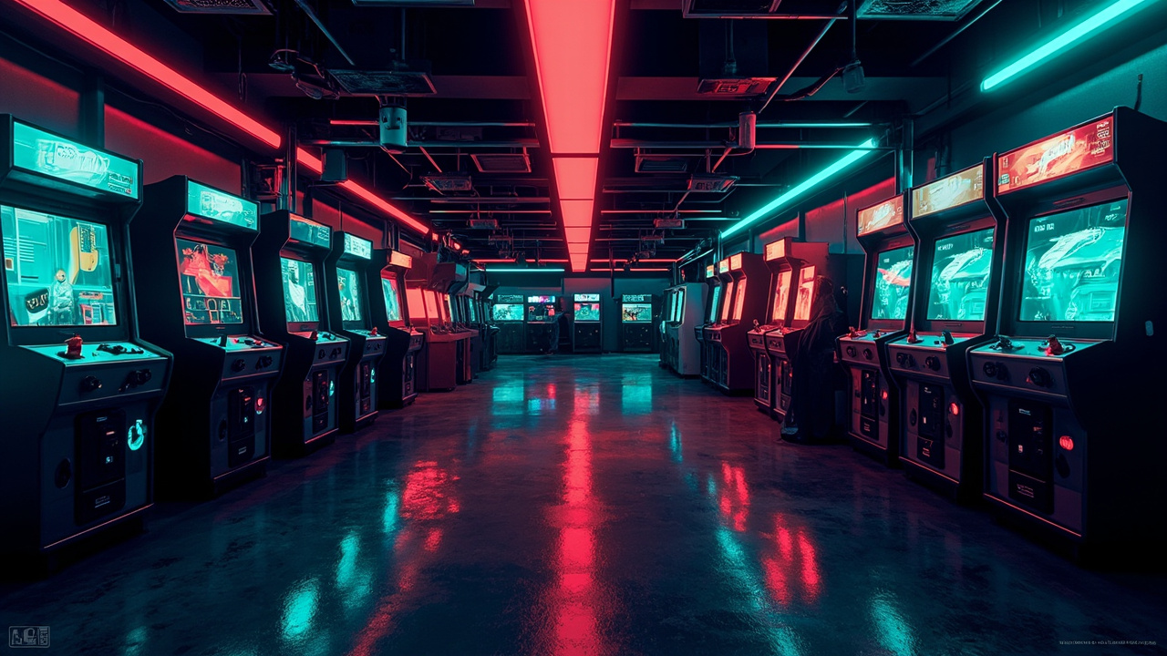 Illustration of a neon-lit retro arcade interior