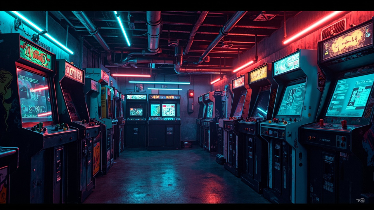Illustration of a neon-lit retro arcade interior