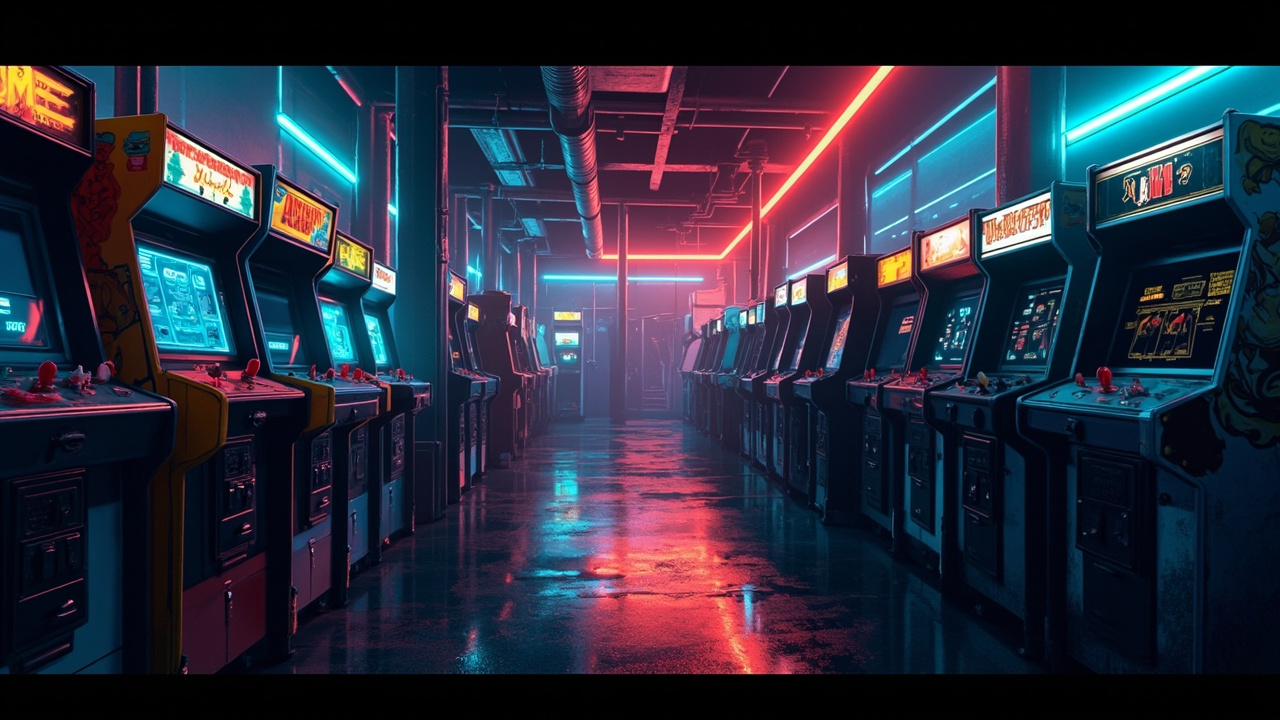 Illustration of a neon-lit retro arcade interior