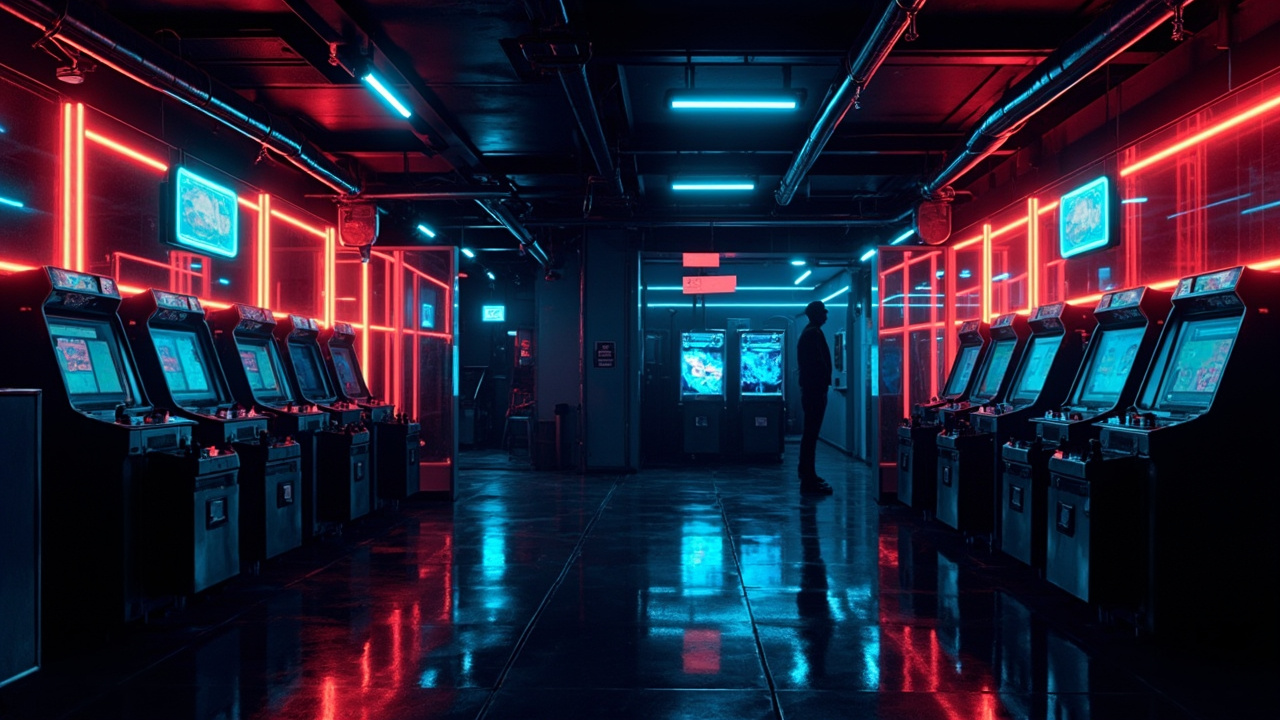 Illustration of a neon-lit retro arcade interior