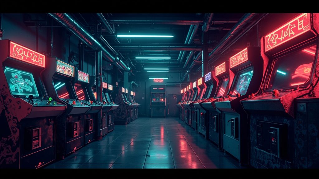 Illustration of a neon-lit retro arcade interior