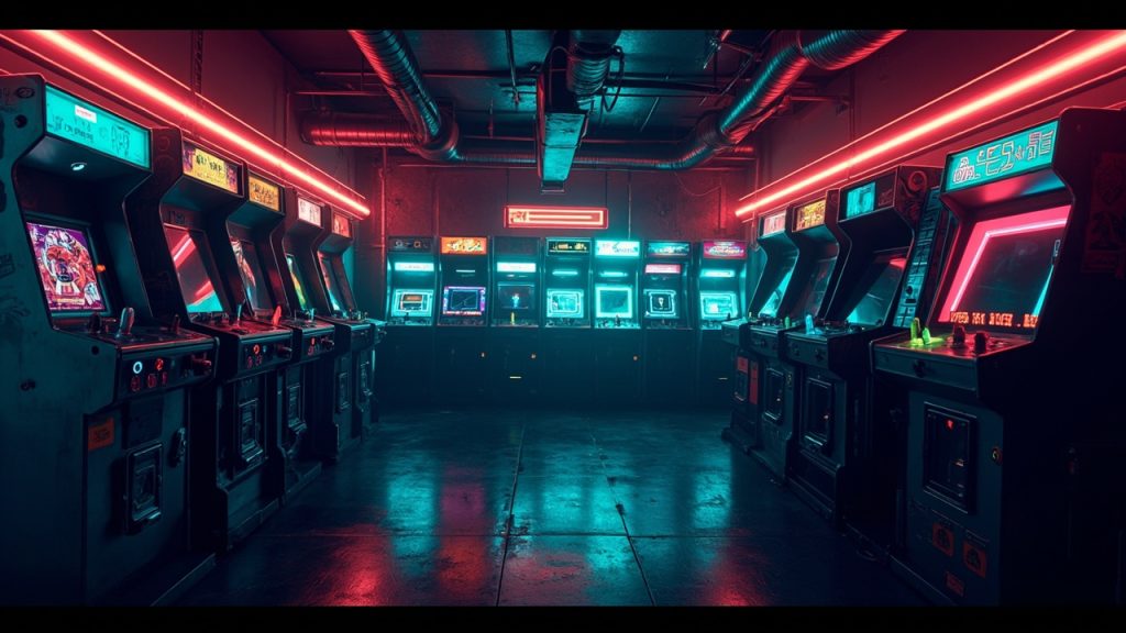Illustration of a neon-lit retro arcade interior